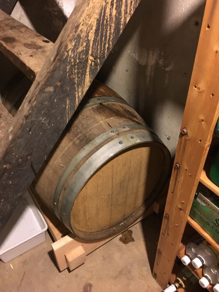 Barrel safely stowed under the basement stairs.